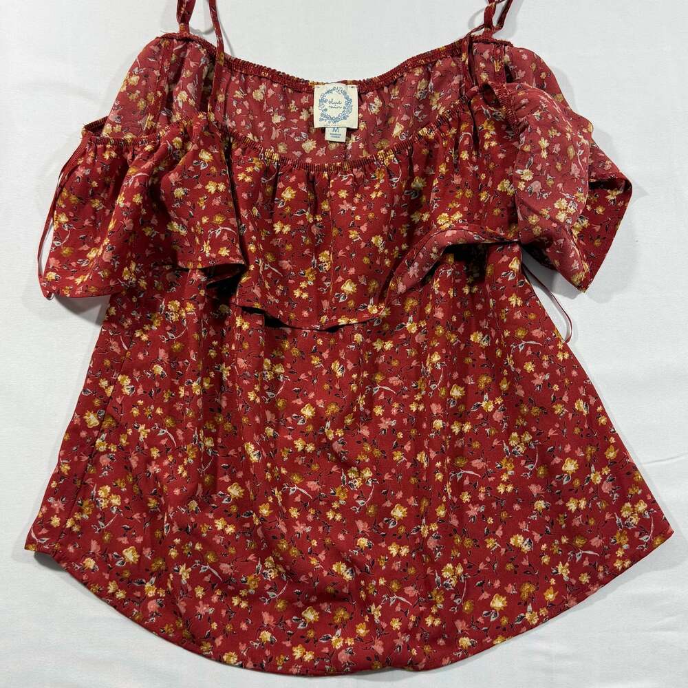 Blue Rain Red Floral Ruffle Cold Shoulder Blouse